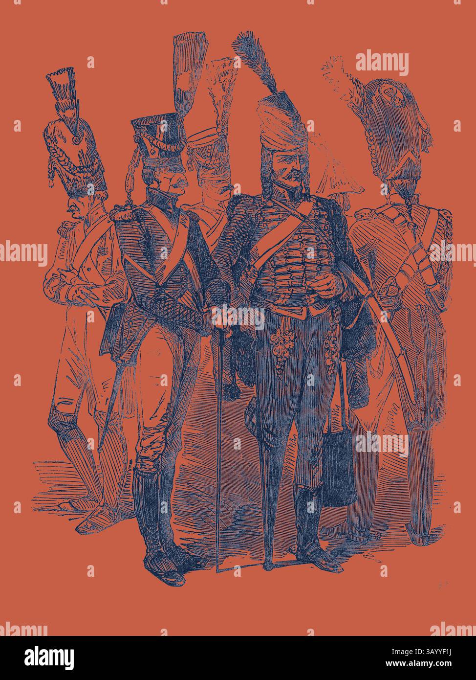 Eine Gruppe von Militärfiguren in historischen Uniformen steht zusammen und zeigt ihre unverwechselbare Kleidung und Accessoires, die ein Gefühl von Kameradschaft und Autorität vermitteln. Alte Soldaten des Französischen Reiches, 1852 Klassische Kunst mit einem modernen Twist von Artotop neu interpretiert Stockfoto