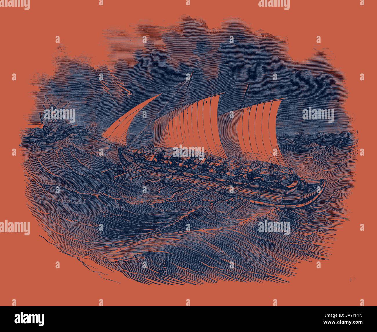 Ein robustes Schiff mit wehenden Segeln navigiert turbulente Wellen, angetrieben von einer Mannschaft, die im Einklang arbeitet. Im Hintergrund Braut sich ein Sturm ab, der auf eine epische Reise durch die turbulente See hinweist. Richardson's Patent Tubular Lifeboat, 1852 Klassische Kunst mit einem modernen Twist, neu interpretiert von Artotop Stockfoto