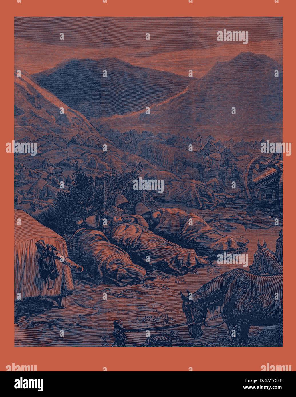 Eine düstere Landschaft zeigt gefallene Soldaten, die über ein zerklüftetes Gelände verstreut sind, mit fernen Hügeln, die in Schatten gehüllt sind. Die Szene fängt das Gewicht des Verlustes und die Echos des Kampfes ein, begleitet von den Überresten des Konflikts im Vordergrund. The Afghan war: Sleeping on the Battlefield in der Nacht vor dem Angriff auf Fort Ali Musjid 1879 Klassische Kunst mit einem modernen Touch, der von Artotop neu interpretiert wurde Stockfoto