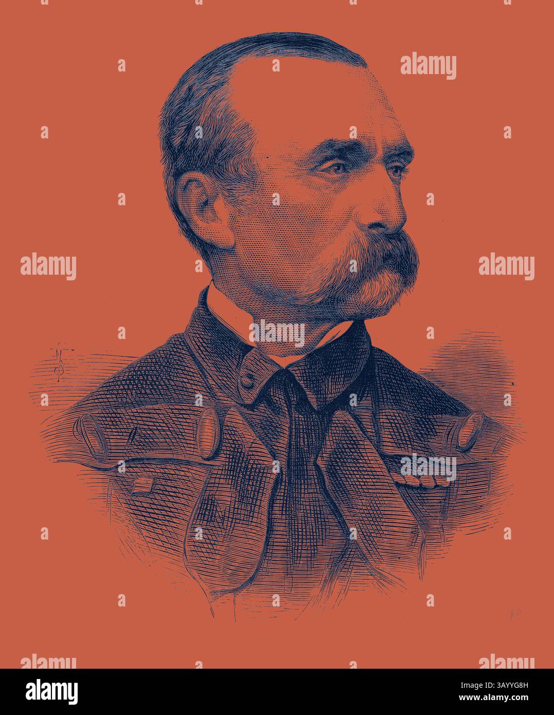 Ein hart aussehender Offizier mit einem markanten Schnurrbart, in einer formellen Uniform, die mit verschiedenen Knöpfen und Insignien verziert ist, strahlt Autorität und Erfahrung aus. Der afghanische Krieg: Generalmajor A. S. Biddulph R.A. C.B. kommandiert die Quetta Advanced Expeditionary Force 1879 Klassische Kunst mit einem modernen Twist, der von Artotop neu interpretiert wurde Stockfoto