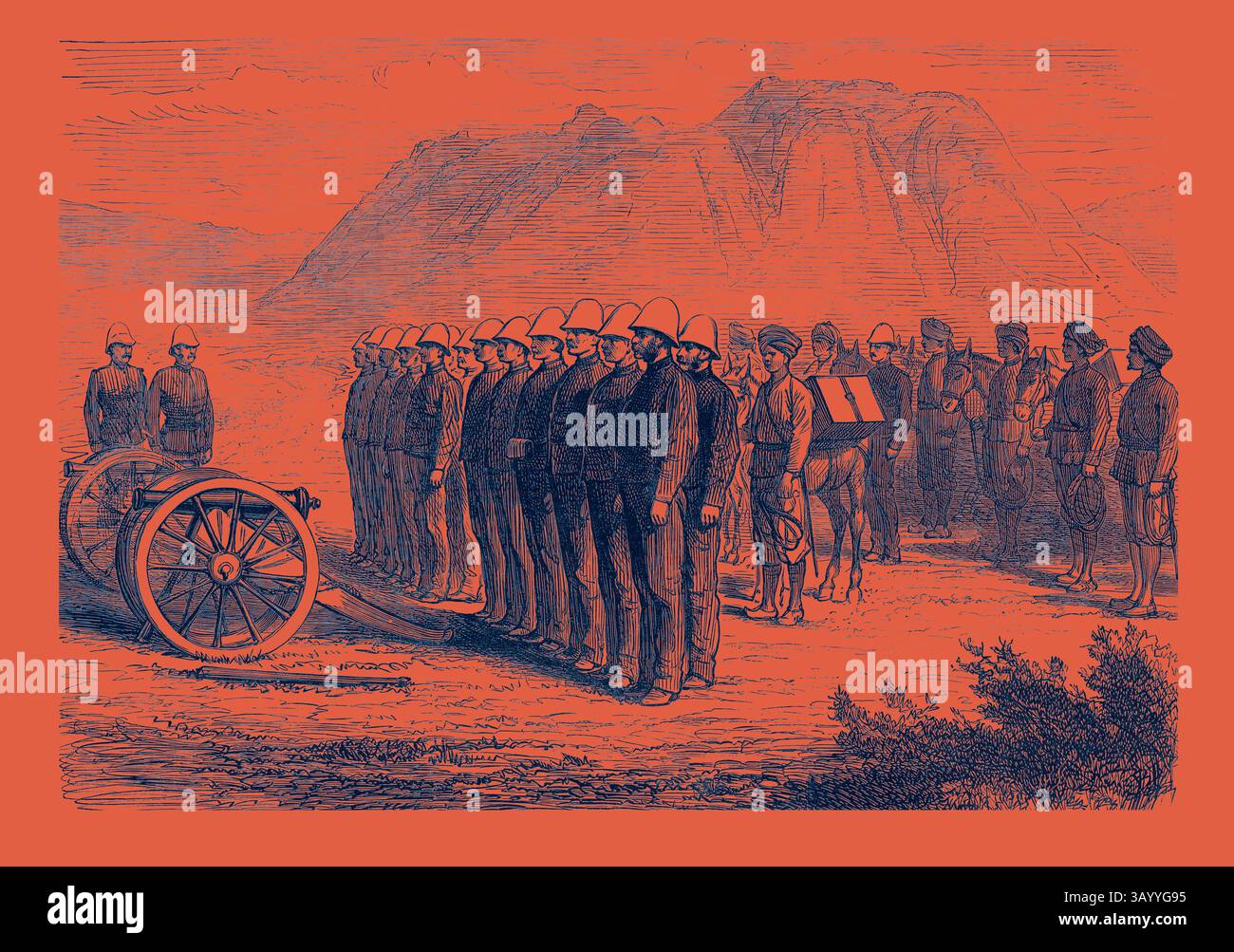 Eine Gruppe von Soldaten steht in Formation nahe einer großen Kanone, mit einer bergigen Landschaft im Hintergrund. Offiziere in formeller Kleidung beaufsichtigen eine Zeremonie, bei der es um militärische Ehre zu gehen scheint, während eine Versammlung von Zuschauern das Verfahren beobachtet. The Afghan war: A Subdivision of a Mountain Battery 1879 Klassische Kunst mit einem modernen Twist von Artotop Stockfoto