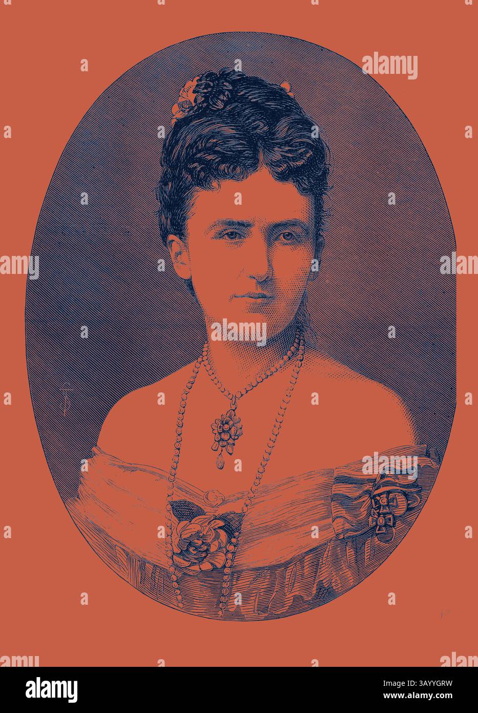 Eine Frau in einem eleganten schulterfreien Kleid mit Schmuck und Blumenakzenten blickt sanft, ihr Haar ist elegant mit dekorativen Elementen versehen. Der Hintergrund unterstreicht ihr vorbildliches Verhalten und die komplizierten Details ihrer Kleidung. Heirat seiner Königlichen Hoheit des Herzogs von Connaught: Prinzessin Friedrich Karl von Preußen die Mutter der Braut 1879 Klassische Kunst mit einer modernen Wendung, die von Artotop neu interpretiert wurde Stockfoto