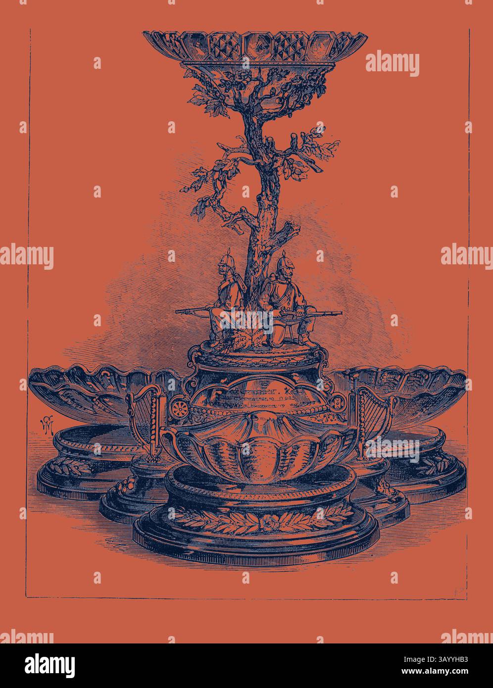 Ein aufwändig gestalteter Mittelteil mit einem Baum mit zarten Blättern, unterstützt von kunstvollen Figuren in Rüstung. Die detaillierten Elemente zeigen Handwerkskunst und künstlerisches Flair, und all dies vor einem auffälligen Hintergrund, der die markanten Merkmale unterstreicht. Marriage of the Duke of Connaught: Tafelzentrum präsentiert von den London Irish Rifles 1879 Klassische Kunst mit einem modernen Twist, der von Artotop neu interpretiert wurde Stockfoto