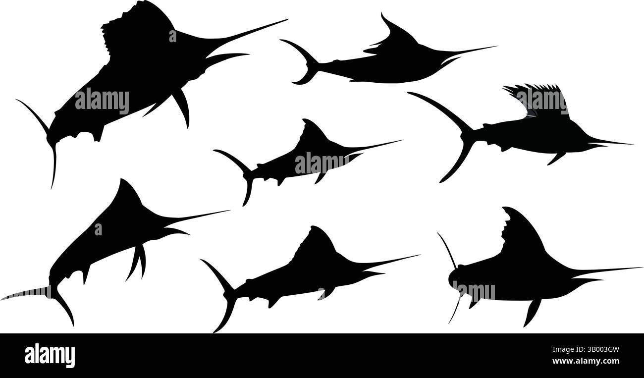 Silhouettendarstellung mehrerer Marlin-Fische, die in verschiedenen Richtungen schwimmen, auf weißem Hintergrund Stock Vektor
