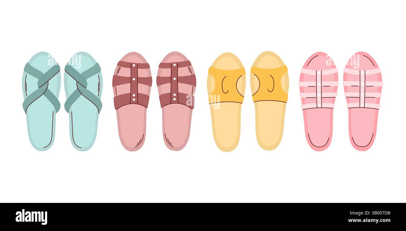 Kollektion farbenfroher Sommersandalen mit verschiedenen Stilen und Farben vor weißem Hintergrund. Vektorabbildung Stock Vektor