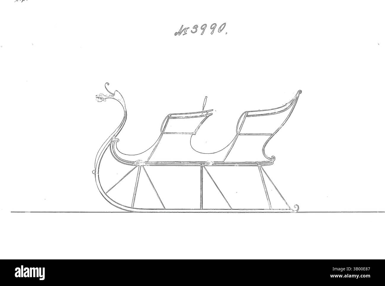 Ein stilisierter Schlitten mit einem komplizierten Design, mit einer geschwungenen Vorderseite, die einem mythischen Wesen ähnelt, begleitet von leuchtenden blauen Akzenten vor einem farbenfrohen, abstrakten Hintergrund. Klassische Kunst mit einem modernen Touch, neu interpretiert von Artotop Stockfoto