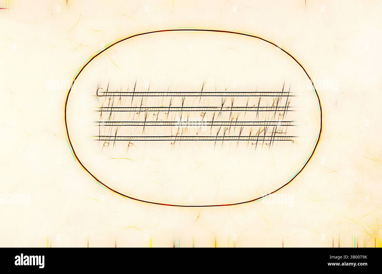 Eine Reihe von fünf horizontalen Linien, die in einer ovalen Form angeordnet sind und an ein musikalisches Notensystem oder eine Notation erinnern, mit einem strukturierten Hintergrund, der ein künstlerisches Flair verleiht. Klassische Kunst mit einem modernen Touch, neu interpretiert von Artotop Stockfoto
