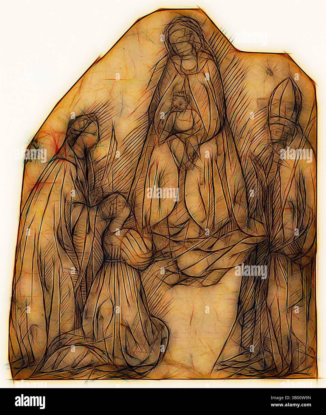 Eine stilisierte Darstellung einer religiösen Szene mit Figuren in fließenden Gewändern, mit einer zentralen Figur, die ein Kind hält. Um sie herum befinden sich zwei weitere Figuren, eine in einem Kopfschmuck, die alle ein Gefühl von Ehrfurcht und Spiritualität vermitteln. Die Linien sind weich und fließend und schaffen ein Gefühl von Bewegung und Emotionen. Klassische Kunst mit modernem Touch, neu interpretiert von Artotop Stockfoto