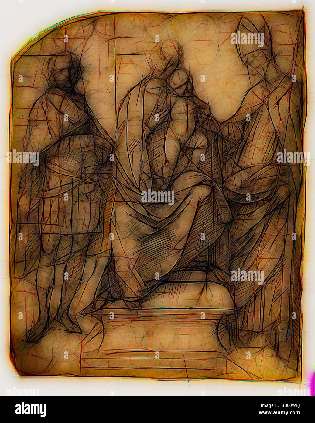 Eine stilisierte Darstellung von Figuren, die eine zentrale Figur umgeben, die ein Gefühl von historischer oder religiöser Bedeutung weckt. Die Komposition zeigt fließende, ausdrucksstarke Posen, die auf einen Moment der Ehrfurcht oder der Nachsicht hinweisen. Klassische Kunst mit einem modernen Touch, neu interpretiert von Artotop Stockfoto