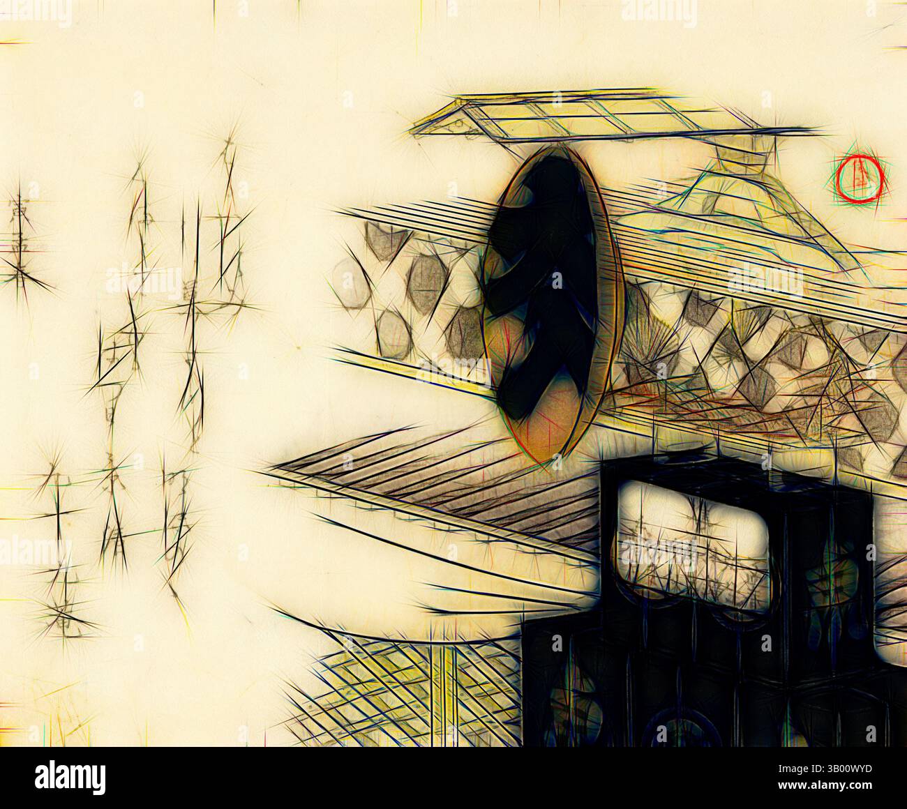 Eine abstrakte Komposition mit einem Vintage-Grammophon und einem Retro-Fernseher, umgeben von geometrischen Formen und strukturierten Linien, die ein atmosphärisches Gefühl von Nostalgie und künstlerischem Flair schaffen. Klassische Kunst mit modernem Touch, neu interpretiert von Artotop Stockfoto