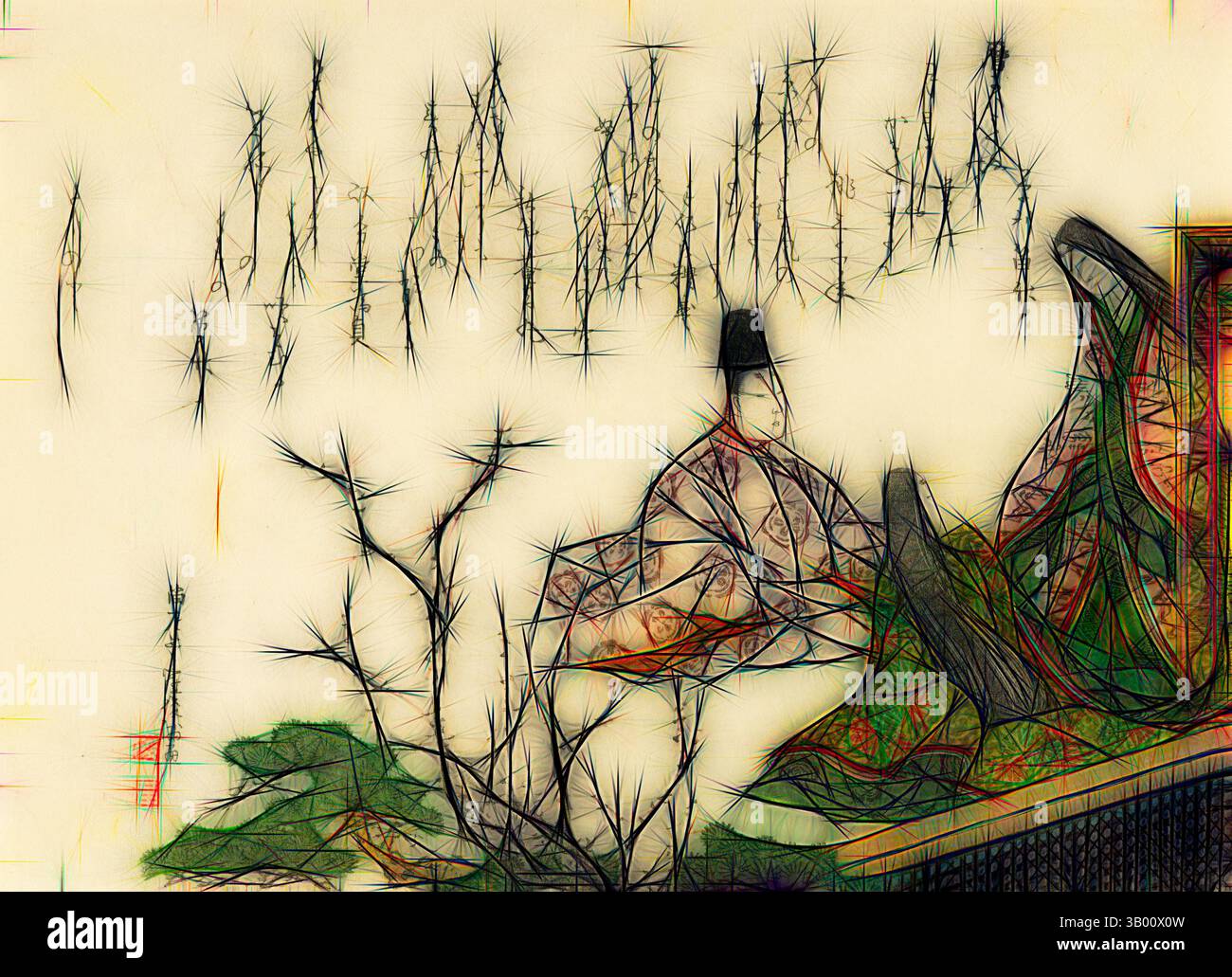 Eine skurrile Landschaft bietet eine Mischung aus zerklüfteten Baumsilhouetten und einem stilisierten architektonischen Element, gekennzeichnet durch komplexe Muster und lebhafte Farbtöne, die eine surreale und künstlerische Atmosphäre schaffen. Klassische Kunst mit modernem Touch, neu interpretiert von Artotop Stockfoto