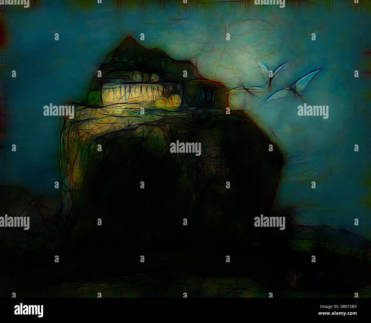 Eine mystische Festung auf einer felsigen Klippe, umgeben von einer Aura der Intrigen, mit zarten Vögeln, die am Dämmerungshimmel aufsteigen und auf eine Geschichte hinweisen, die darauf wartet, sich zu entfalten. Klassische Kunst mit einem modernen Touch, neu interpretiert von Artotop Stockfoto