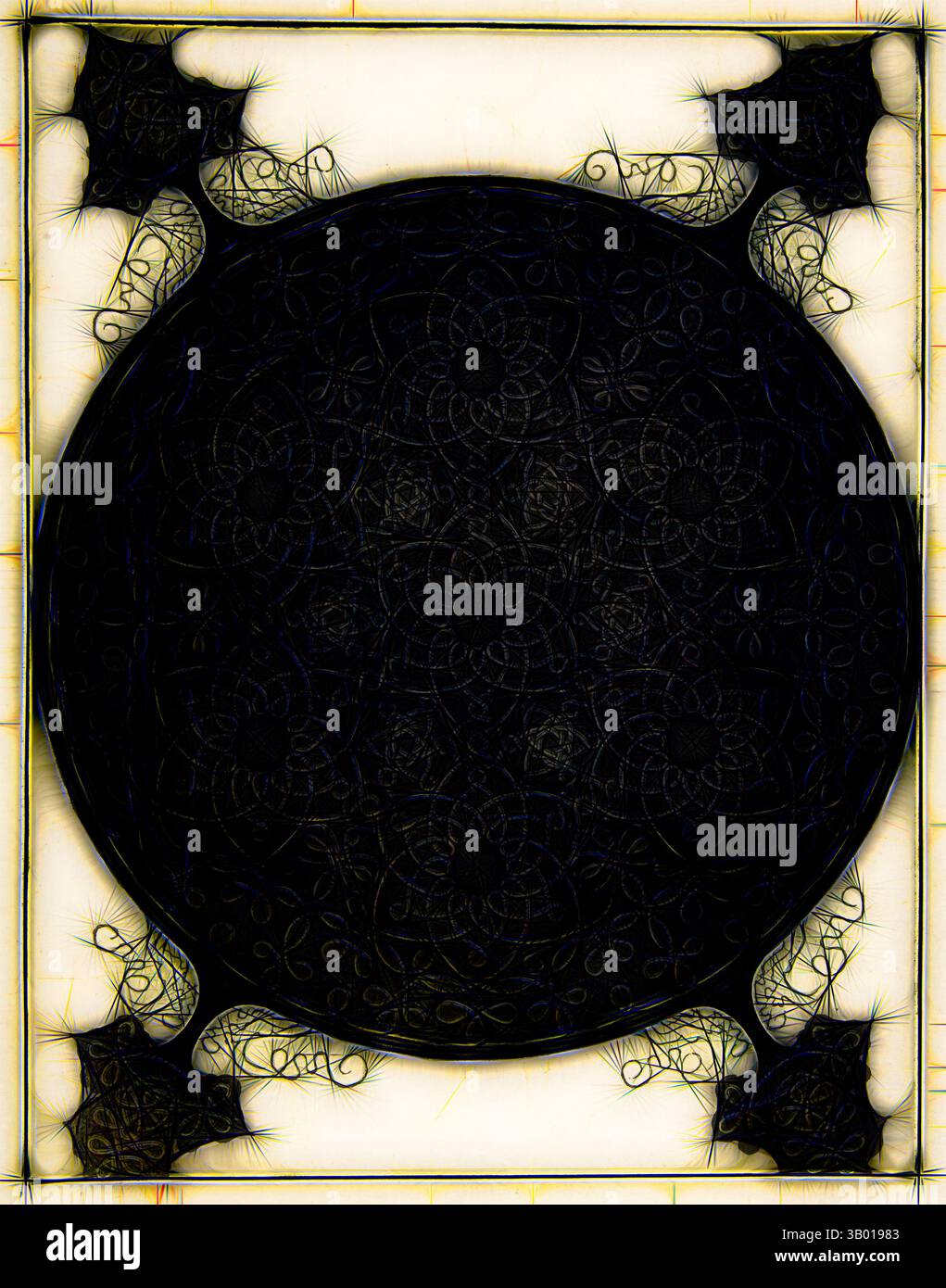 Ein kompliziertes Design mit einem zentralen Kreismuster, umgeben von zarten, wirbelnden Motiven, schafft eine fesselnde symmetrische Komposition, die den Blick nach innen zieht., Klassische Kunst mit modernem Touch, neu interpretiert von Artotop Stockfoto