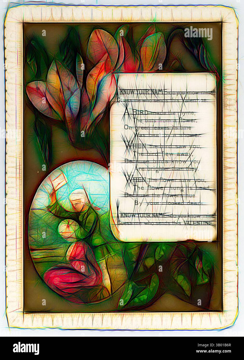 Ein florales Arrangement umgibt eine zarte, handgeschriebene Notiz mit dem Titel „Know Your Name“, die skurrile, farbenfrohe Illustrationen von Blüten und Blättern enthält, die ein Gefühl von Wärme und Intimität vermitteln. Die Botschaft darin lädt zu einem spielerischen Engagement ein, das auf eine Verbindung zur Natur und zur persönlichen Identität hindeutet. Klassische Kunst mit einem modernen Touch, der von Artotop neu interpretiert wurde Stockfoto