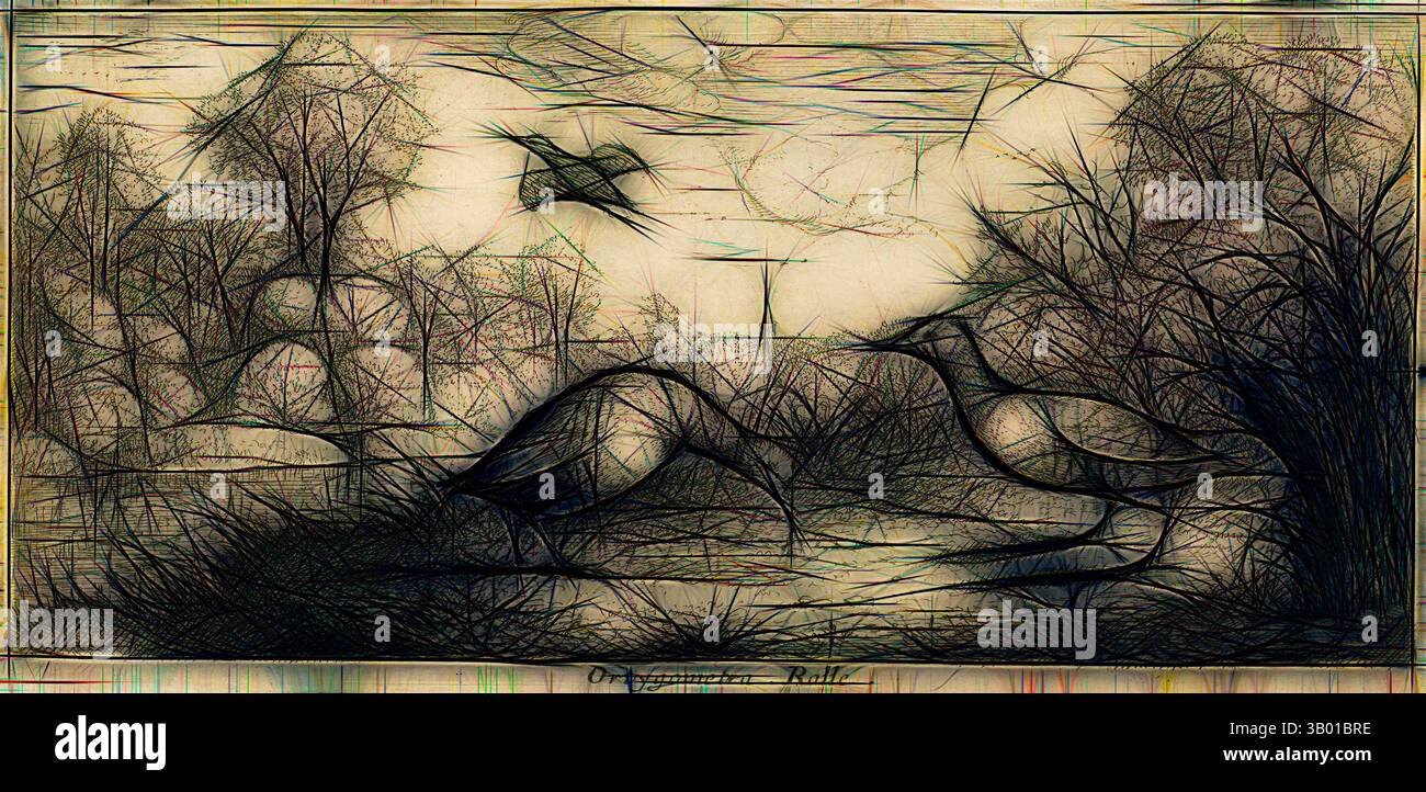 Eine ruhige Landschaft mit stilisierten Vögeln in der Nähe eines Wassers, umgeben von Bäumen und einem bewölkten Himmel, die einen ruhigen Moment in der Natur einfangen. Klassische Kunst mit modernem Touch, neu interpretiert von Artotop Stockfoto