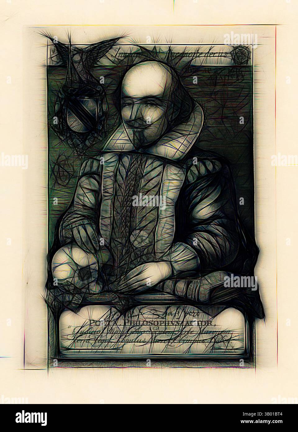 Eine stilisierte Darstellung einer Figur, die einem historischen Philosophen ähnelt, in aufwendiger Kleidung mit einem Rüschenkragen verziert, mit einem kontemplativen Ausdruck. Der Hintergrund zeigt abstrakte Elemente, die die künstlerische Darstellung des Motivs verbessern. Klassische Kunst mit einem modernen Touch, der von Artotop neu interpretiert wurde Stockfoto