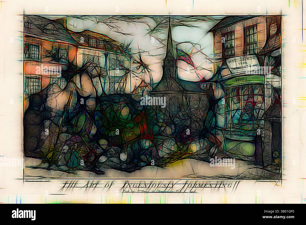 Eine geschäftige Straßenszene mit einer charmanten Mischung aus Architektur und ineinander verflochtenen Elementen, die die lebendige Energie der Umgebung einfangen. Im Mittelpunkt steht ein markanter Turm, der sich über den Gebäuden erhebt, während verschiedene Geschäfte und Strukturen eine einladende, malerische Atmosphäre schaffen. Klassische Kunst mit modernem Touch, neu gestaltet von Artotop Stockfoto