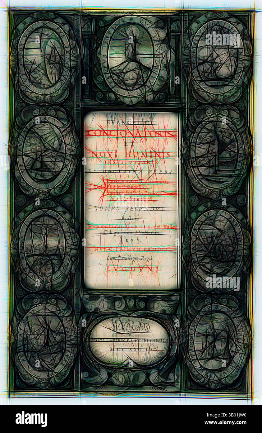 Ein kunstvoll gerahmtes Dokument mit komplizierten Designs und mehreren ovalen Porträts, mit leuchtend roten Markierungen, die Schlüsseltext hervorheben. Die Gesamtkomposition präsentiert eine Mischung aus Eleganz und Abstraktion. Klassische Kunst mit modernem Touch, neu interpretiert von Artotop Stockfoto