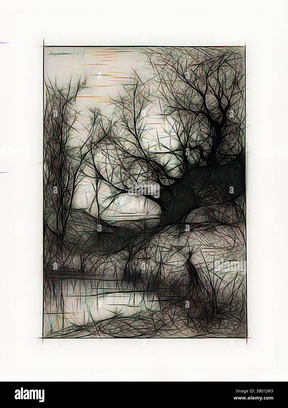 Eine krasse Landschaft mit komplexen, ineinander verflochtenen Ästen und Bäumen, Silhouetten vor einem ruhigen Gewässer, die ein Gefühl von Stille und Besinnung wecken. Klassische Kunst mit einem modernen Touch, neu interpretiert von Artotop Stockfoto