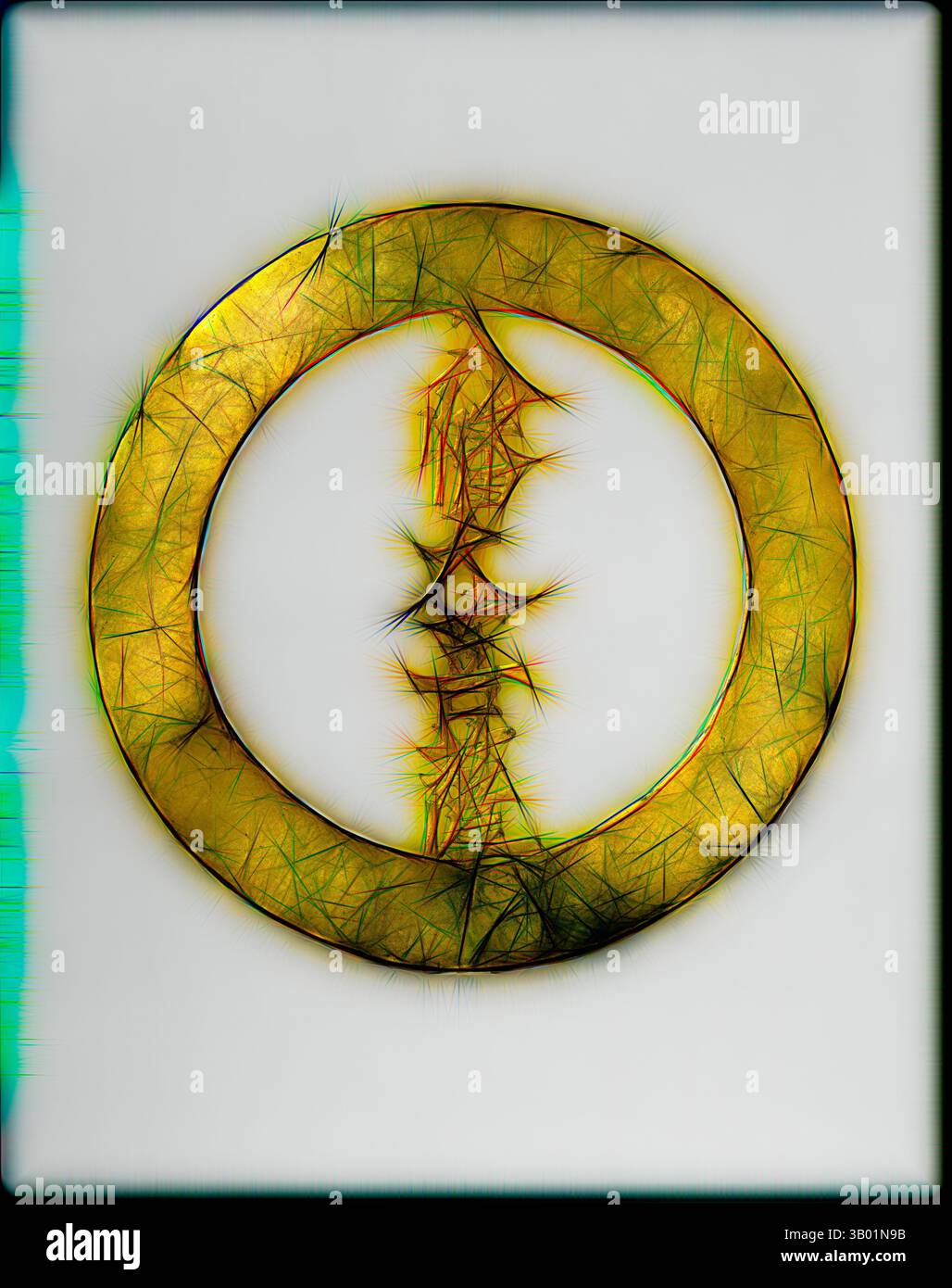 Ein abstraktes Design mit kreisförmigem Muster mit komplexen, lebendigen Texturen und einer zentralen Trennlinie, die ein Gefühl von Tiefe und Bewegung schafft. Klassische Kunst mit modernem Touch, neu interpretiert von Artotop Stockfoto