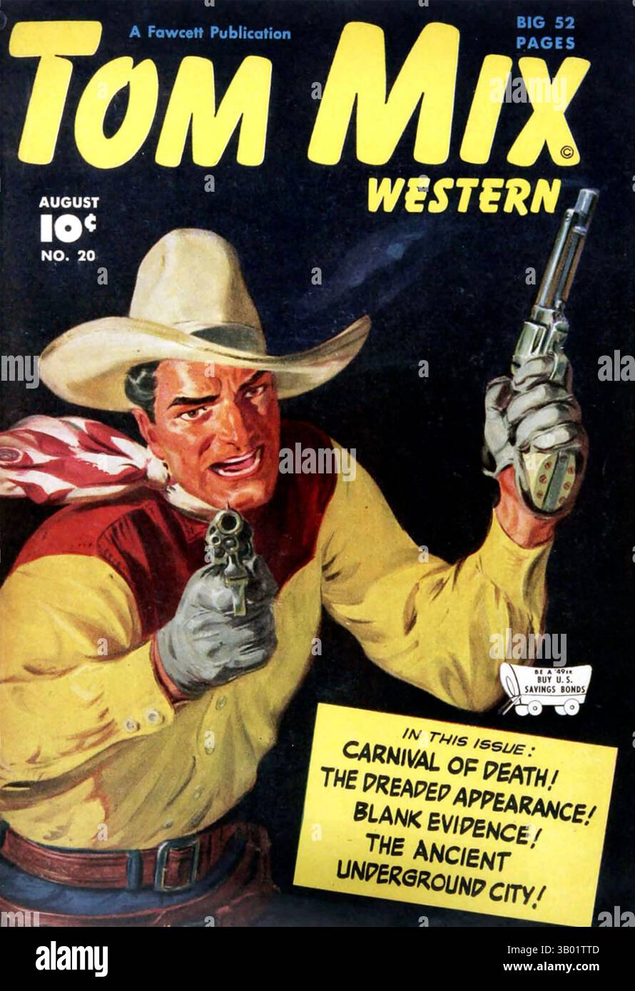 TOM MIX (1880–1940) US-amerikanischer Filmschauspieler, der sich auf westliche Filme spezialisiert hat. Cover eines Fawcett Comics Magazins vom August 1949 mit Artwork von Norman Saunders Stockfoto