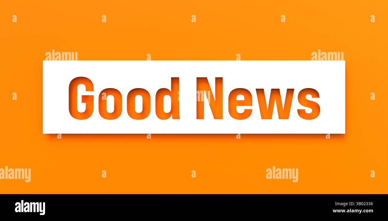 Gute Nachrichten. Gute Nachrichten. Gestanzte Buchstaben auf orangem Hintergrund. Ankündigungsbotschaft, Motivation, Inspiration, Nachrichtenveranstaltung, Pressekonferenz. Text Banner N001 Good News Stockfoto