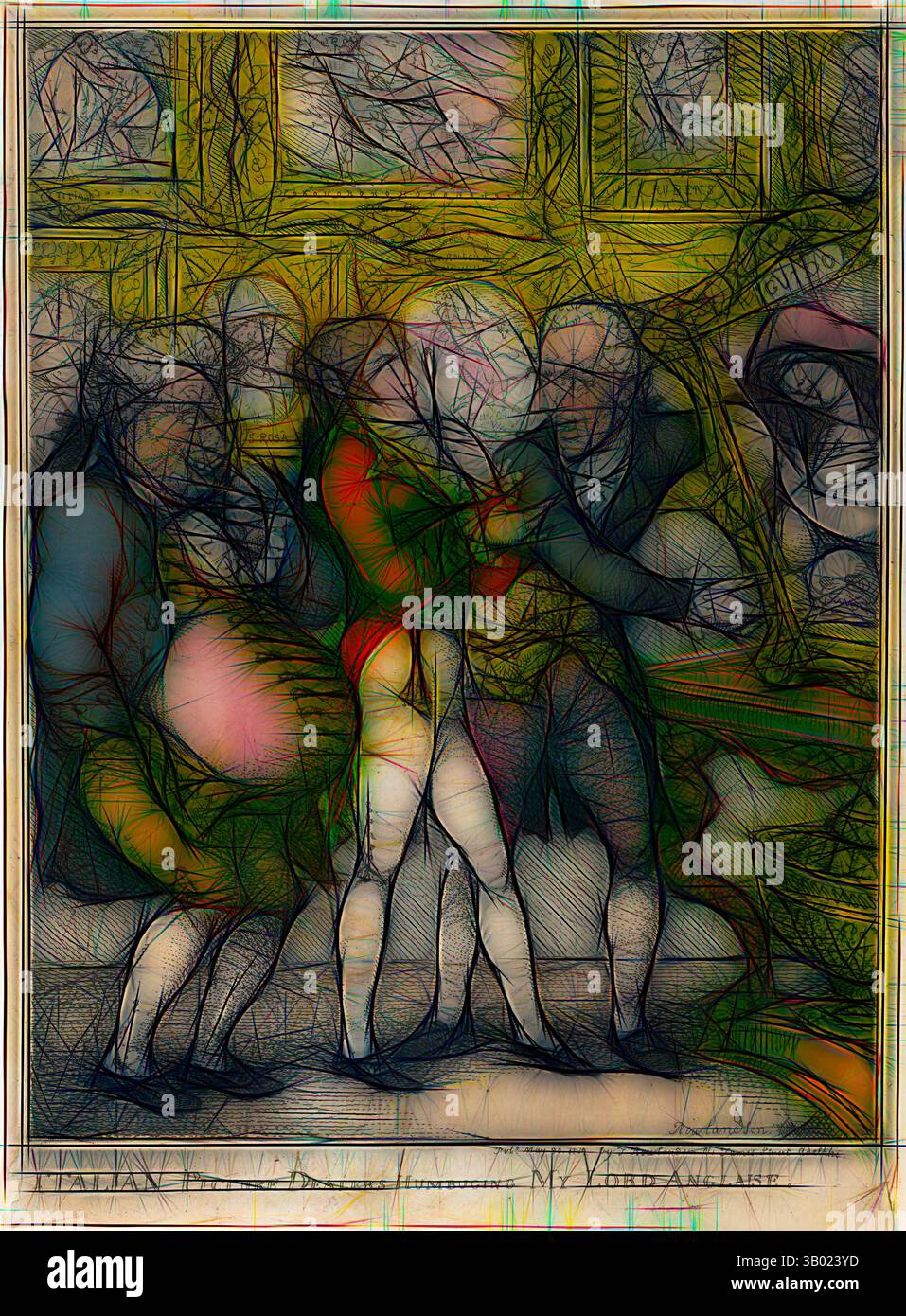 Eine Zusammenkunft historischer Persönlichkeiten, die sich in animierten Gesprächen mit dynamischen Linien und Farben vermischen, um eine impressionistische Darstellung eines entscheidenden Moments zu schaffen. Klassische Kunst mit einem modernen Twist, neu interpretiert von Artotop Stockfoto