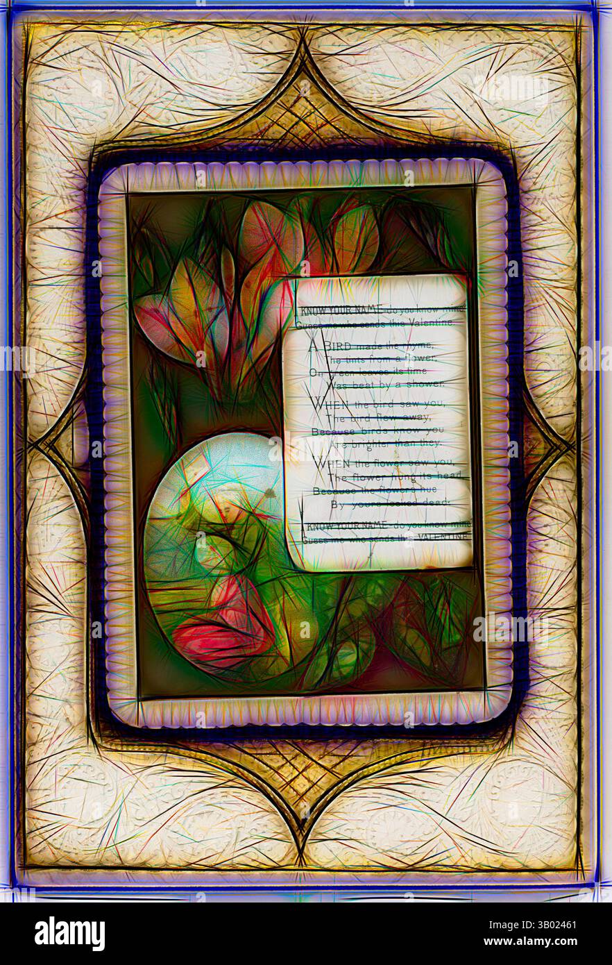 Ein dekorativer Rahmen umgibt eine handgeschriebene Note mit üppigen Blumenmustern in sanften Farben, ergänzt durch ein kleines, kreisförmiges Kunstwerk, das mit dem Thema der Natur harmoniert. Klassische Kunst mit modernem Touch, neu interpretiert von Artotop Stockfoto