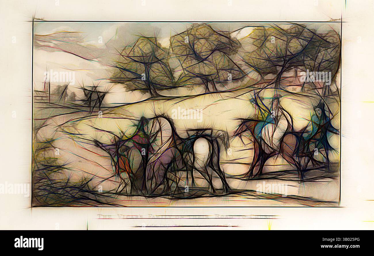 Eine skurrile Szene zeigt eine ruhige ländliche Landschaft, in der eine Gruppe von Pferden zwischen sanften Hügeln und eindrucksvollen Bäumen steht. Die sanften Linien und Farben schaffen eine abstrakte Qualität und verleihen dem pastoralen Ambiente eine traumhafte Atmosphäre. Klassische Kunst mit einem modernen Touch, neu interpretiert von Artotop Stockfoto