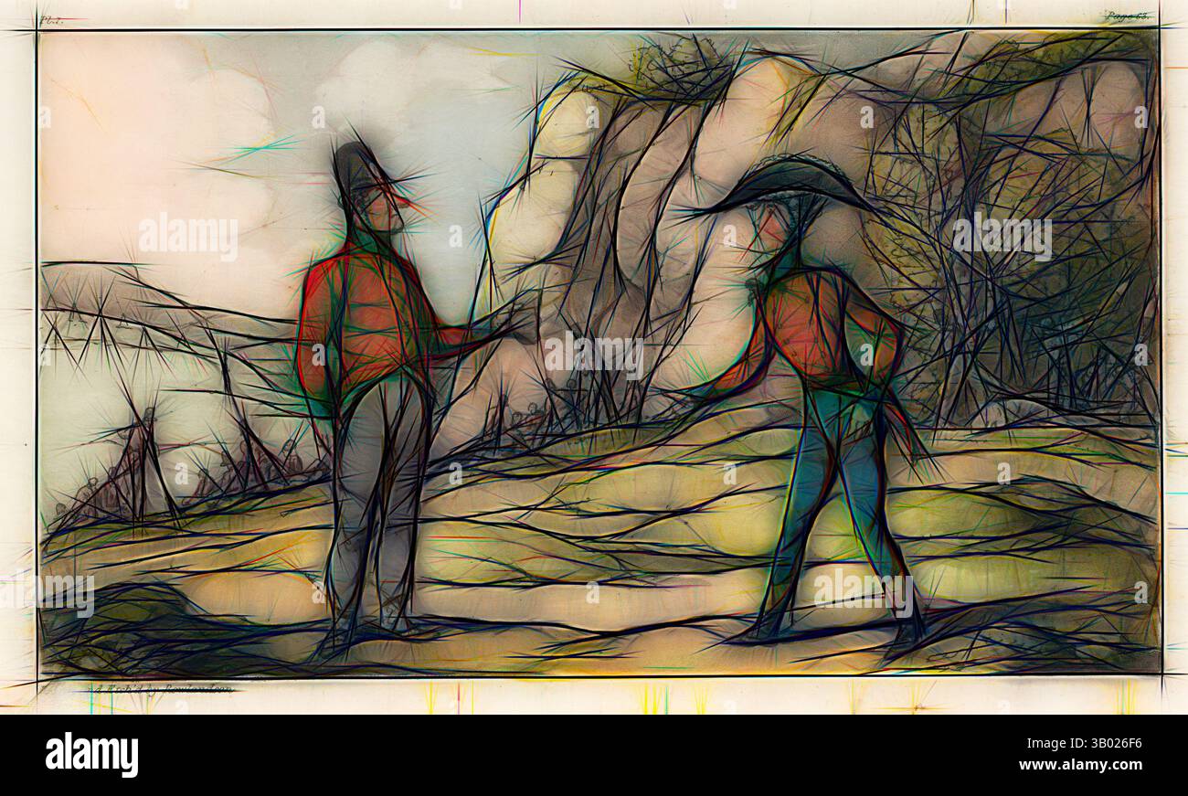 Zwei Figuren stehen auf einer felsigen Landschaft und unterhalten sich. Der eine trägt einen breitkrempigen Hut und einen Mantel, der andere trägt eher legere Kleidung. Der Hintergrund bietet eine Mischung aus zerklüftetem Gelände und Bäumen, die eine Atmosphäre der Erkundung und Interaktion schaffen. Klassische Kunst mit modernem Touch, neu interpretiert von Artotop Stockfoto