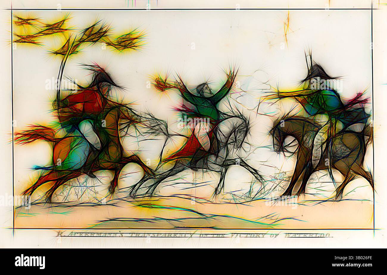 Eine lebendige Szene, in der drei Reiter in dynamischer Bewegung dargestellt werden, jeder in unverwechselbarer Kleidung, die an eine historische Schlacht oder Feier erinnert. Die umliegende Landschaft bietet wirbelnde Linien und Farben, die das Gefühl von Bewegung und Energie unter den Fahrern verstärken. Klassische Kunst mit modernem Touch, neu interpretiert von Artotop Stockfoto