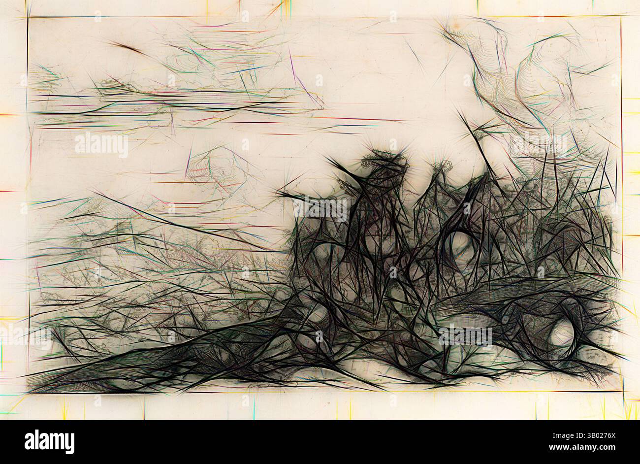 Eine abstrakte Landschaft mit fließenden Linien und scharfen Kontrasten, die ein Gefühl von Bewegung und Tiefe weckt. Natürliche Elemente verschmelzen mit ätherischer Qualität und schaffen eine traumhafte Atmosphäre. Klassische Kunst mit modernem Touch von Artotop Stockfoto