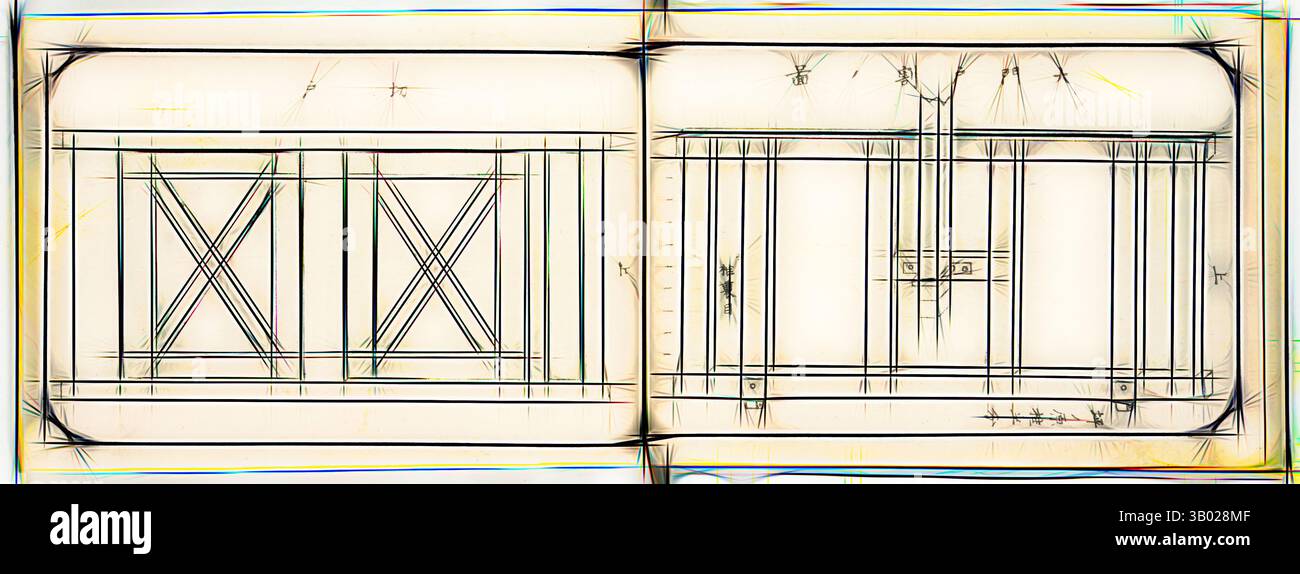 Eine detaillierte Architekturzeichnung mit geometrischen Mustern und Strukturelementen, die komplexe Entwürfe für Türen oder Fenster zeigt. Das Layout hebt Symmetrie und präzise Messungen hervor und betont sorgfältige Handwerkskunst. Klassische Kunst mit modernem Touch, neu interpretiert von Artotop Stockfoto