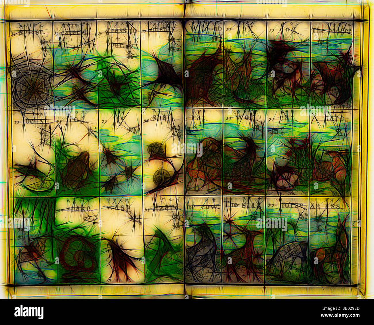 Eine skurrile, abstrakte Darstellung mit verschiedenen Formen und Texturen, die mit fragmentiertem Text verflochten sind, schafft eine traumhafte Landschaft, die Neugier und Fantasie weckt. Klassische Kunst mit modernem Touch, neu gestaltet von Artotop Stockfoto