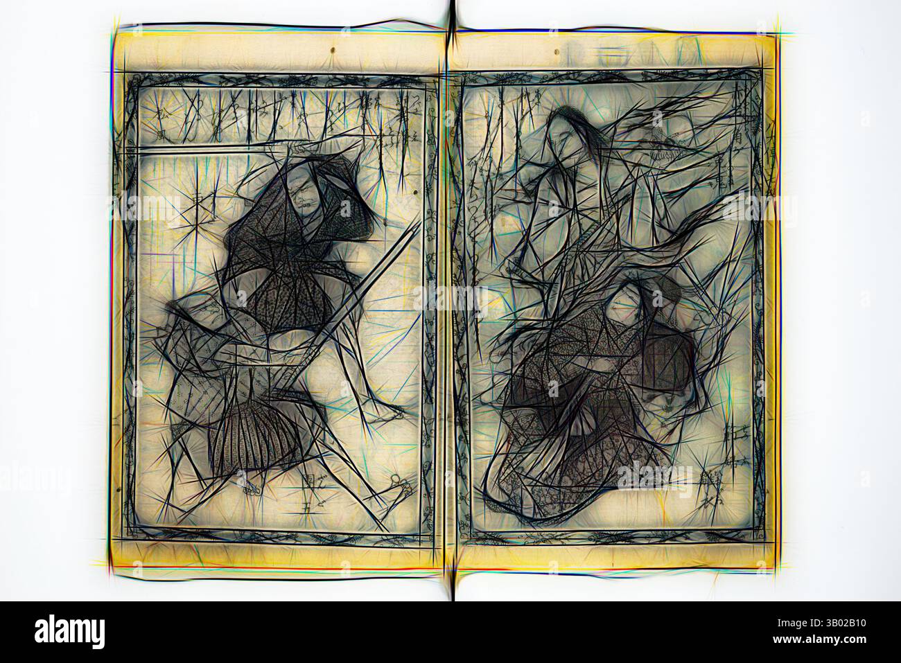 Es sind zwei Figuren abgebildet, von denen eine einen Schild und einen Speer hält, die in einer detaillierten Landschaft positioniert sind. Die Szene wird von komplizierten, wirbelnden Mustern eingerahmt, die die dynamische Bewegung der Figuren verstärken und eine Erzählung von Action und Verbindung zur Natur suggerieren., Klassische Kunst mit einem modernen Twist, neu interpretiert von Artotop Stockfoto