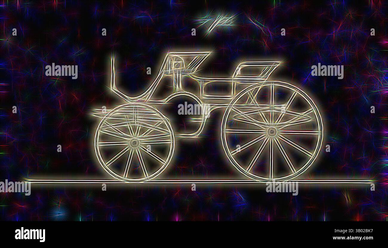 Eine stilisierte Darstellung eines Vintage-Kutschwagens mit komplizierten Rädern, umgeben von einer kosmischen Kulisse aus lebhaften Farben und wirbelnden Mustern. Klassische Kunst mit modernem Touch, neu interpretiert von Artotop Stockfoto