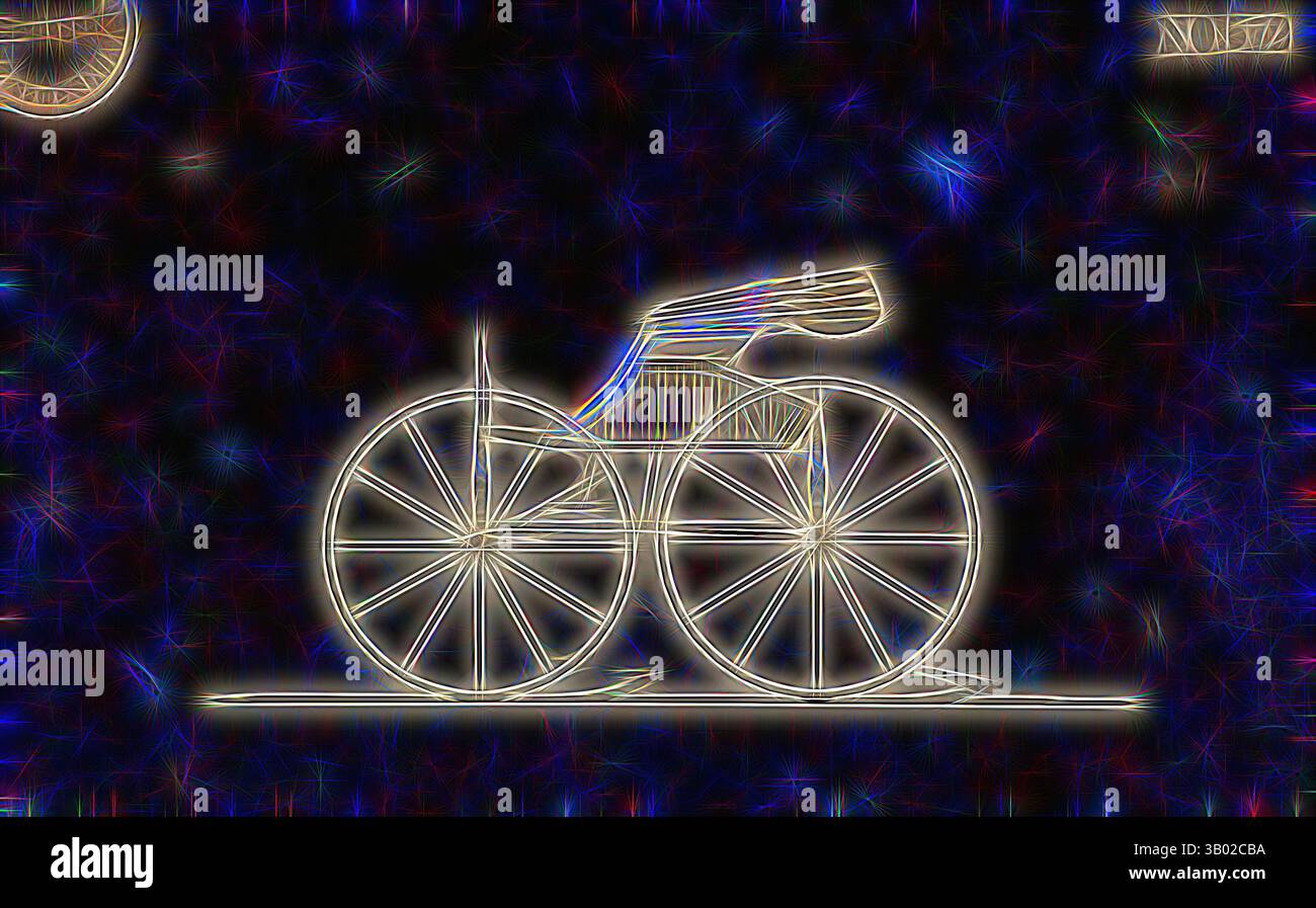 Eine künstlerische Darstellung eines klassischen Fahrrads mit markanten Rädern und einem stromlinienförmigen Rahmen vor einem lebendigen und strukturierten Hintergrund. Klassische Kunst mit modernem Touch, neu interpretiert von Artotop Stockfoto