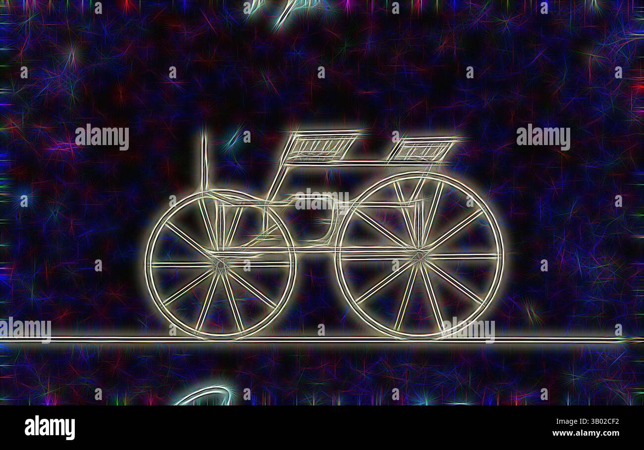 Eine künstlerische Darstellung eines Fahrrads, umrandet mit leuchtenden Neonfarben, vor einem dunklen, strukturierten Hintergrund. Klassische Kunst mit modernem Touch, neu interpretiert von Artotop Stockfoto