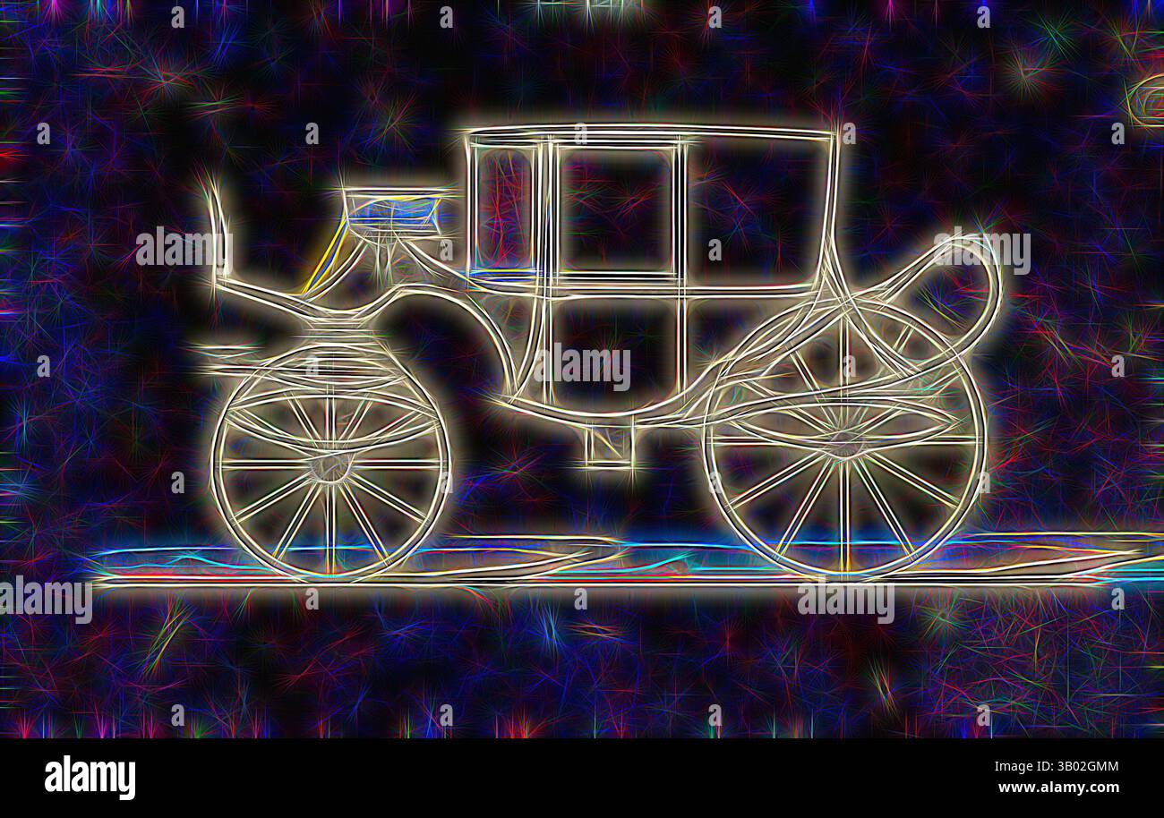 Ein Vintage-Wagen mit komplizierten Rädern, beleuchtet in leuchtenden Linien, vor einer dunklen Kulisse, die ein Gefühl von Nostalgie und Kunstfertigkeit weckt. Klassische Kunst mit modernem Touch, neu interpretiert von Artotop Stockfoto