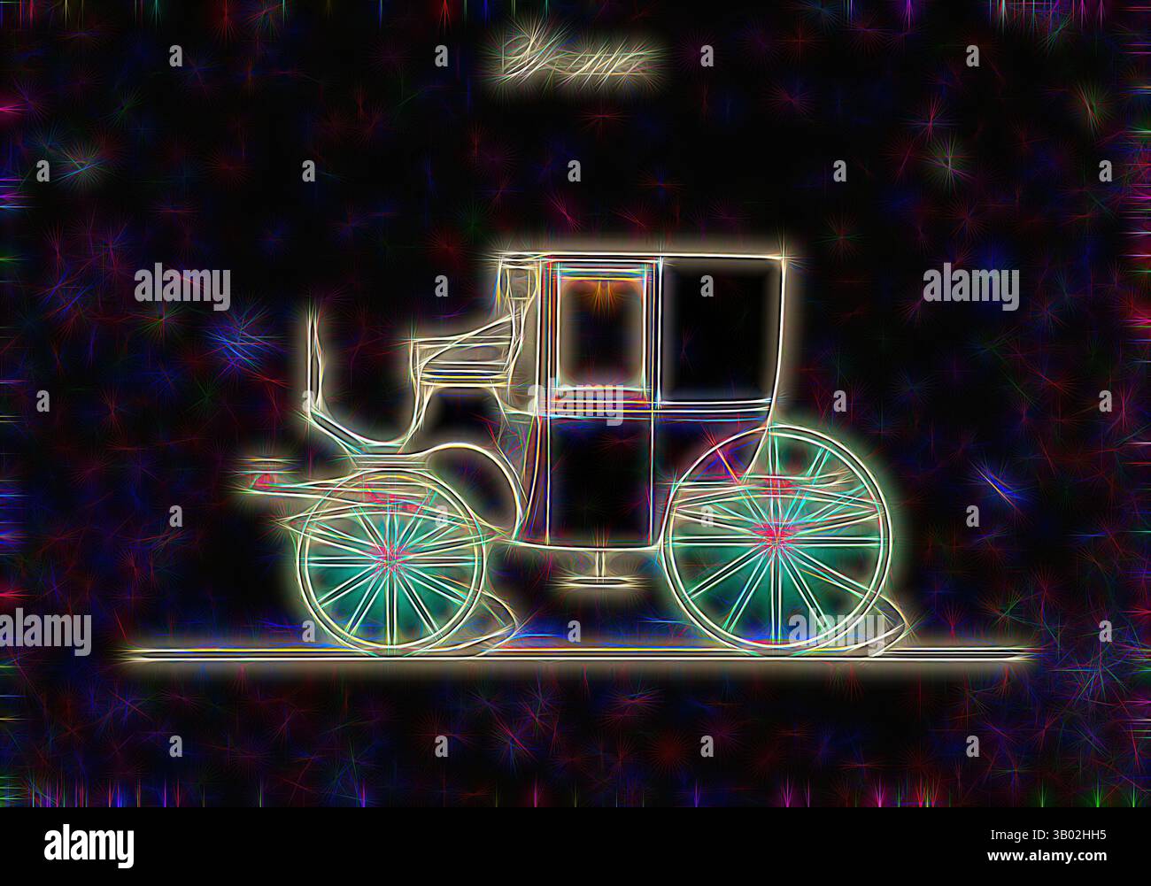 Eine stilisierte Illustration einer Pferdekutsche mit leuchtenden Rädern und scharfen Kontrasten, die den Vintage-Charme und die Eleganz unterstreichen. Klassische Kunst mit einem modernen Touch, neu interpretiert von Artotop Stockfoto
