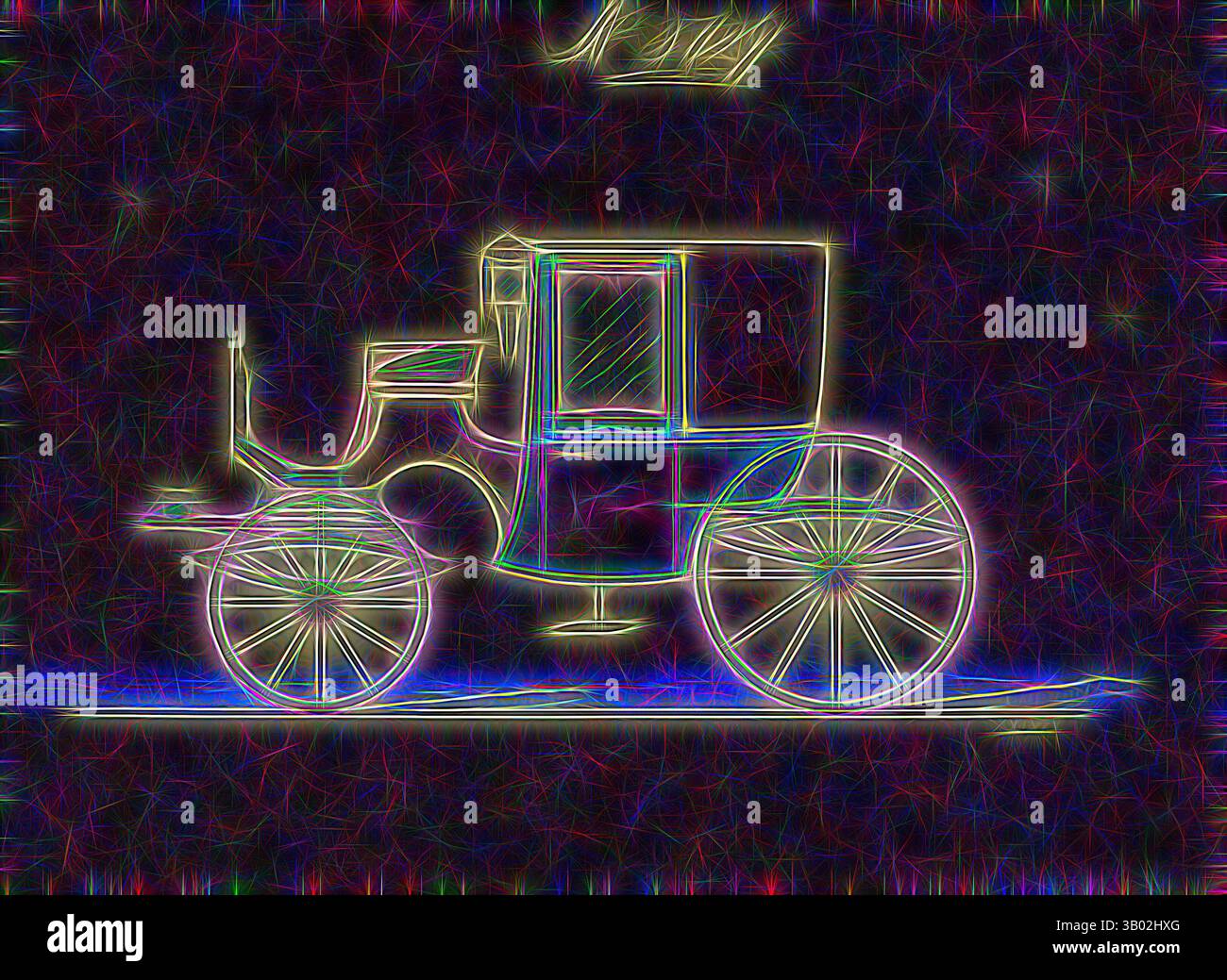 Eine künstlerische Darstellung einer Vintage-Kutsche, definiert durch leuchtende Umrisse und komplizierte Muster, die ein Gefühl von Nostalgie und Wimsy wecken. Klassische Kunst mit modernem Touch, neu interpretiert von Artotop Stockfoto