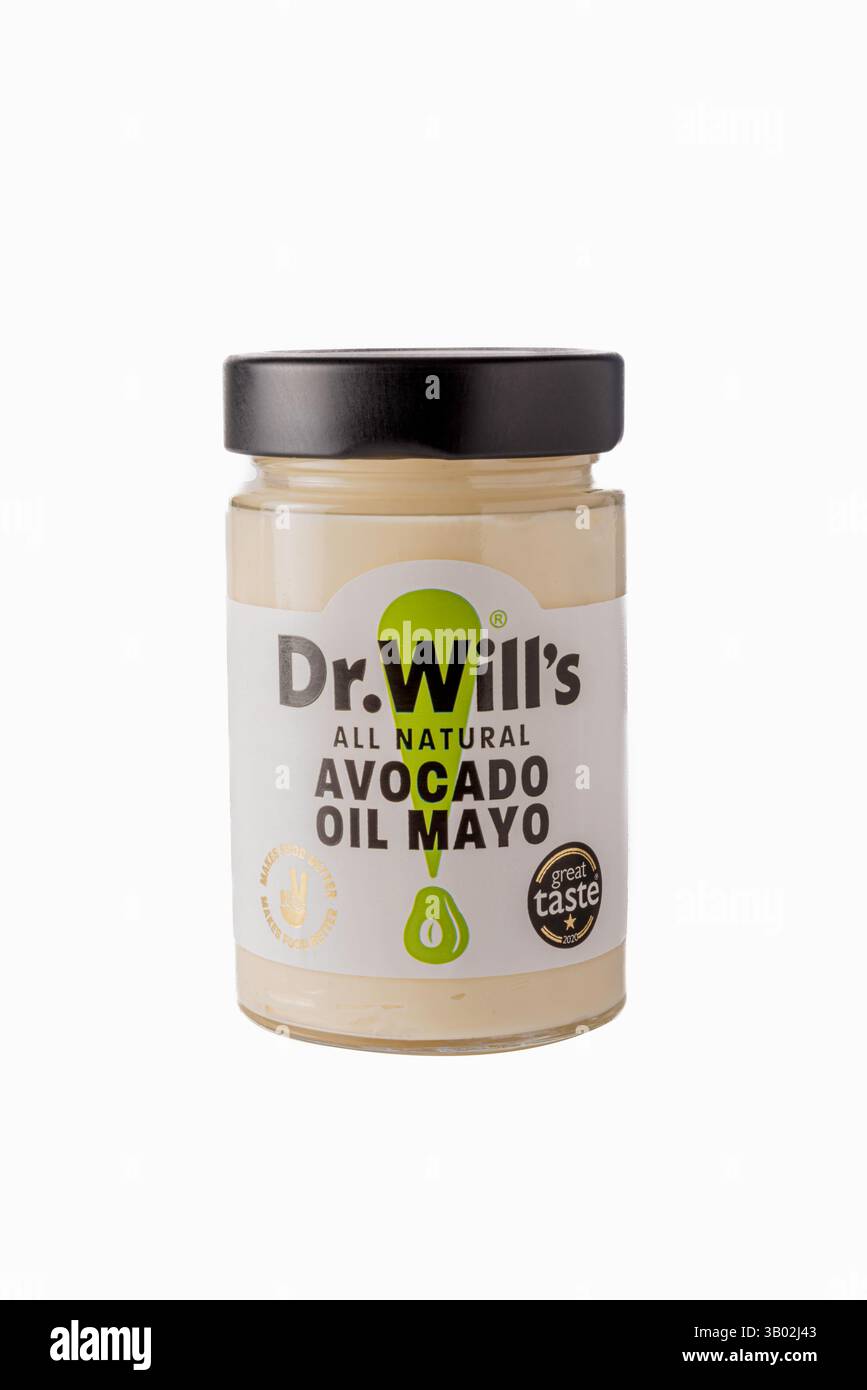 Dr. will's All Natural Avocado Oil Mayo – eierfreie Mayonnaise aus Avocadoöl im Glas, von der britischen Marke Dr. will’s: Phillip Roberts Stockfoto