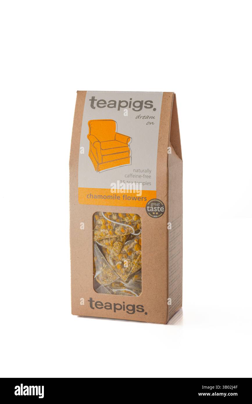 Tee Schweine Kamillenblüten Kräutertee – biologisch abbaubare Tempelteebeutel mit ganzen Kamillenblüten in umweltbewusster Verpackung: Phillip Roberts Stockfoto