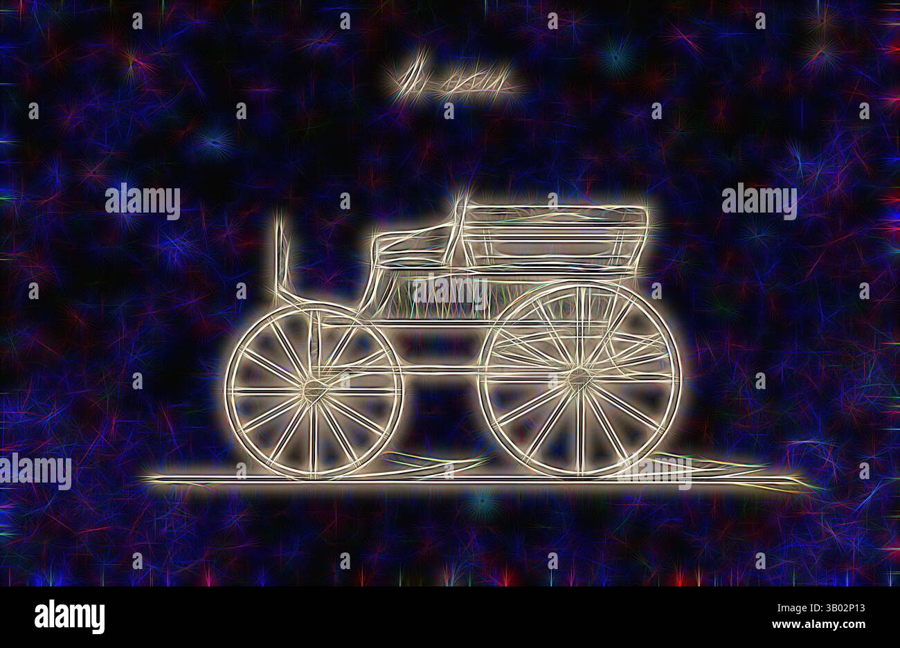 Eine künstlerische Darstellung eines Vintage-Kutschs mit komplizierten Umrissen und leuchtenden Details vor einem farbenfrohen, abstrakten Hintergrund. Klassische Kunst mit modernem Touch, neu interpretiert von Artotop Stockfoto