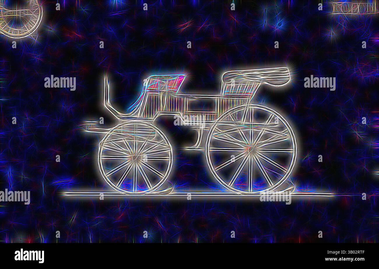 Eine künstlerische Darstellung eines Vintage-Kutschs mit detaillierten Rädern und einem elegant gestalteten Körper vor einem lebendigen, wirbelnden Hintergrund. Klassische Kunst mit modernem Touch, neu interpretiert von Artotop Stockfoto