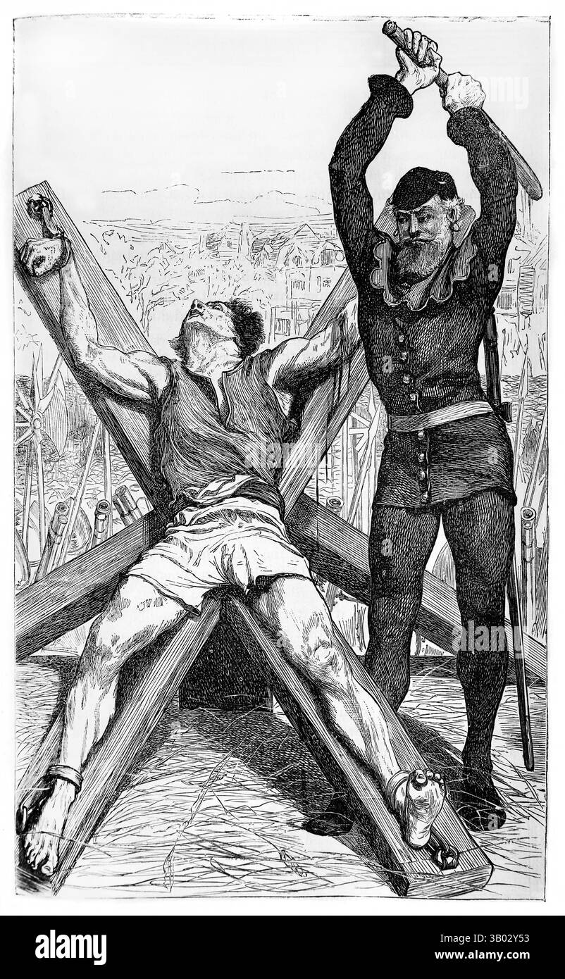 Abbildung des Martyriums von Sieur Bőeton einem Hugenotten während des Kamisardenkrieges, wurde er auf dem St. Andreaskreuz gesichert, wo der Henker war Stockfoto