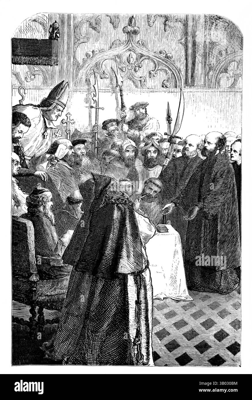 Illustration der ersten Untersuchung von Robert Smith vor Bischof Boneer aus Antique, 1866 Ausgabe von Foxe's Book of Martyrs (The Book of Martyr) Stockfoto