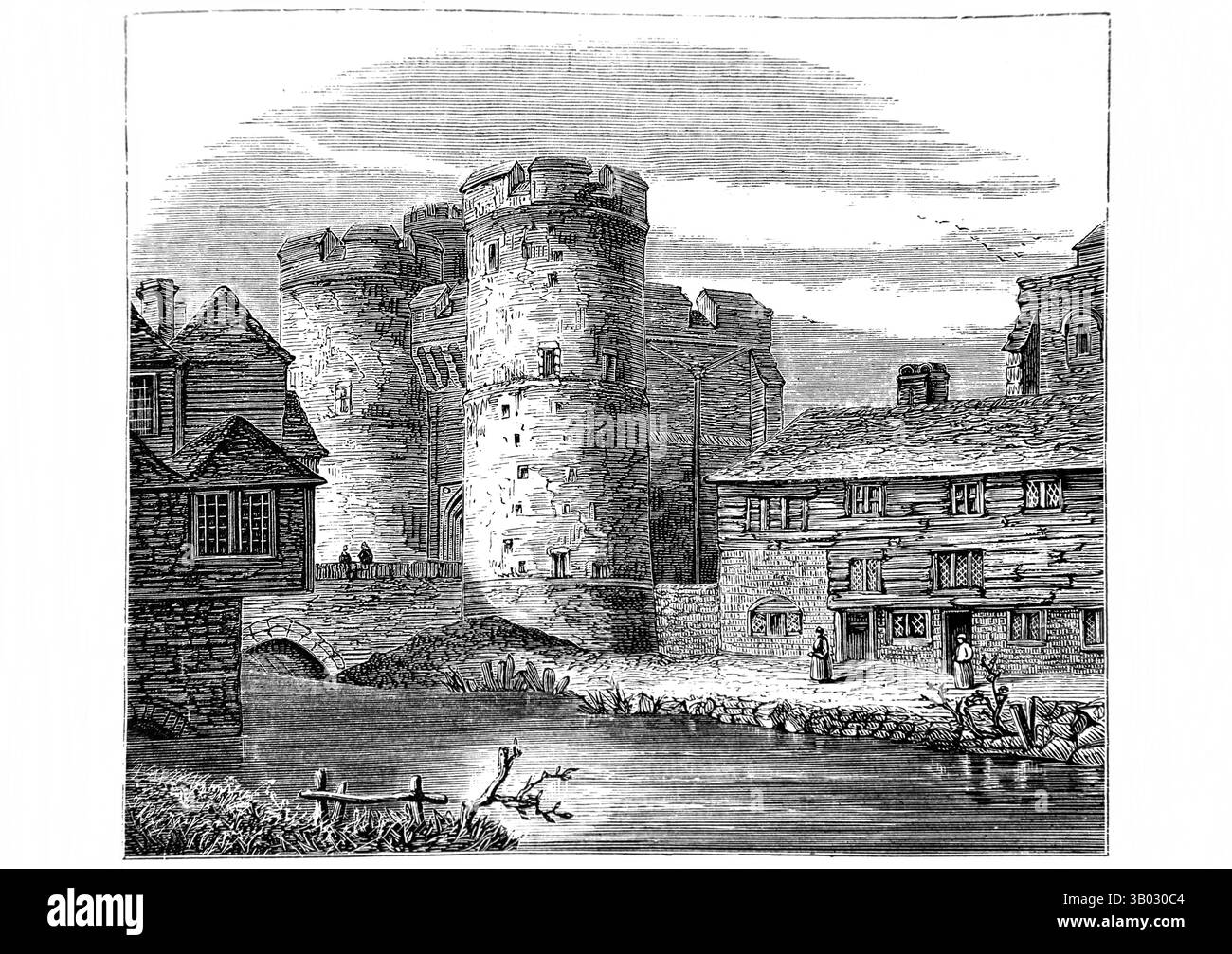 Illustration des Westtors von Canterbury Castle Kent England aus Antique die 1866 Ausgabe von Foxe's Book of Martyrs (The Book of Martyrs von John F. Stockfoto