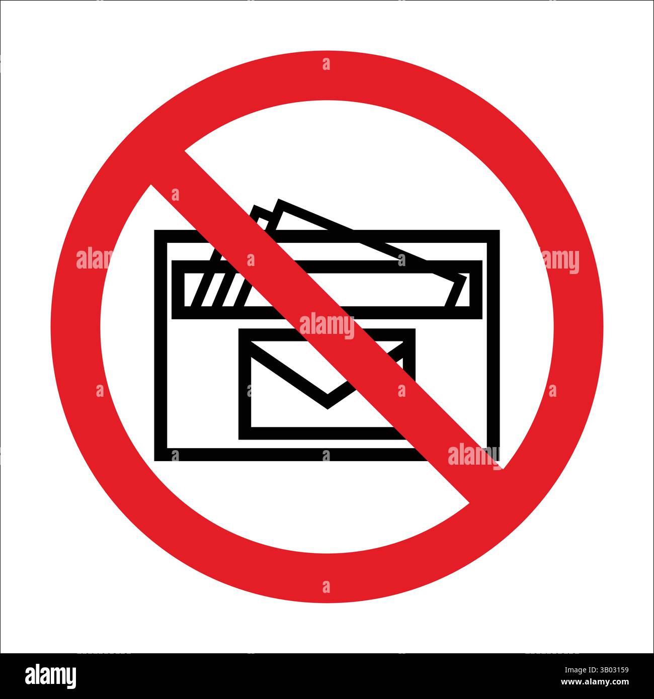 Rotes Verbotsschild, das die Mailbox überkreuzt und darauf hinweist, dass keine Post, Post oder Korrespondenz erlaubt ist. Stock Vektor