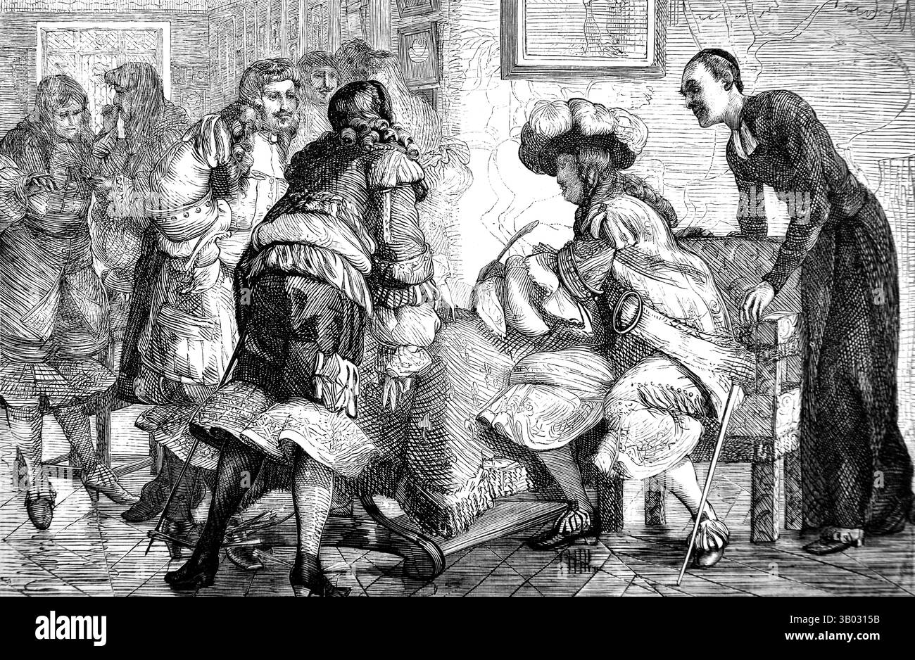 Illustration von König Ludwig XIV. Unterzeichnete am 18. Oktober 1685 die Aufhebung des Edikts von Nantes, das protestantische Gottesdienste und die Zerstörung von Schulen Verbot Stockfoto